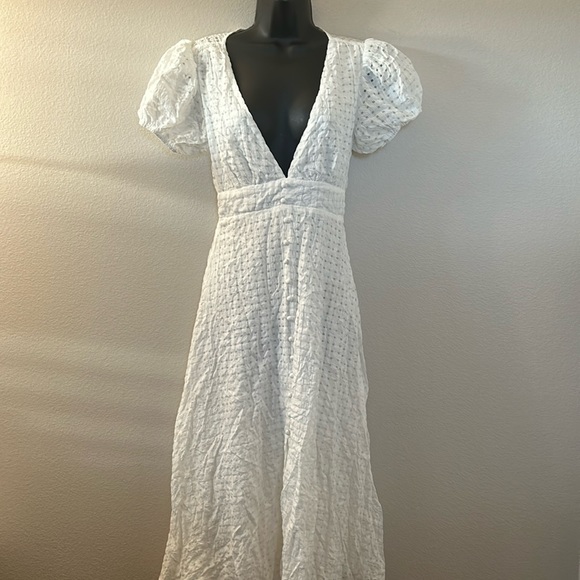 Princess Polly Attal White Deep V Puff Sleeve Button Front Midi Dress - Picture 3 of 13